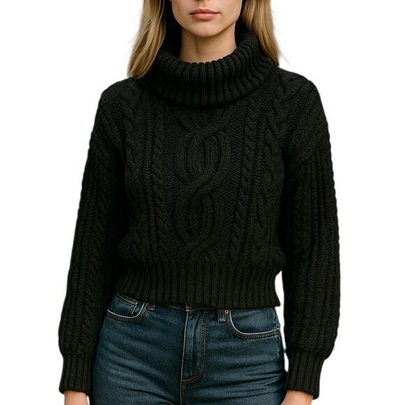 Hera Collection Sweater Womens Small Turtleneck Black Cable Knit Crop - Picture 1 of 10